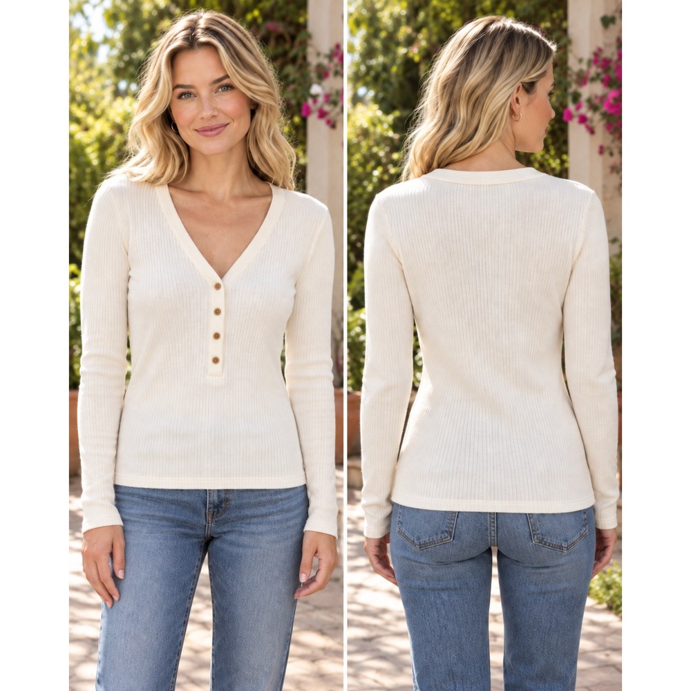 Madewell Womens Small Ivory Ribbed Henley Top Long Sleeve V Neck Button Knit